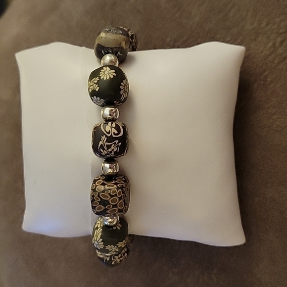 3/$30 Vtg VIVA BEADS Olive Green Chunky Floral Clay Beaded Stretch Bracelet - Picture 5 of 7